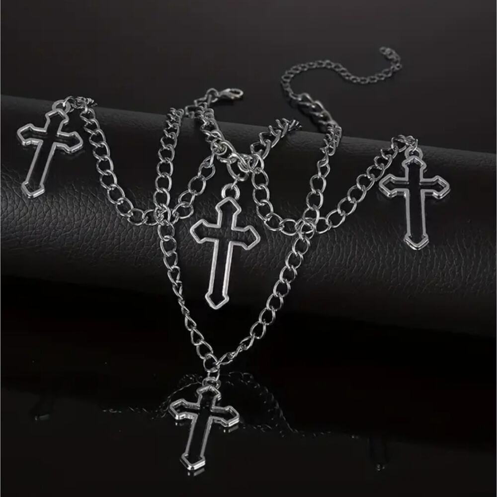 Layered chain gothic cross silver tone necklace - Picture 2 of 4